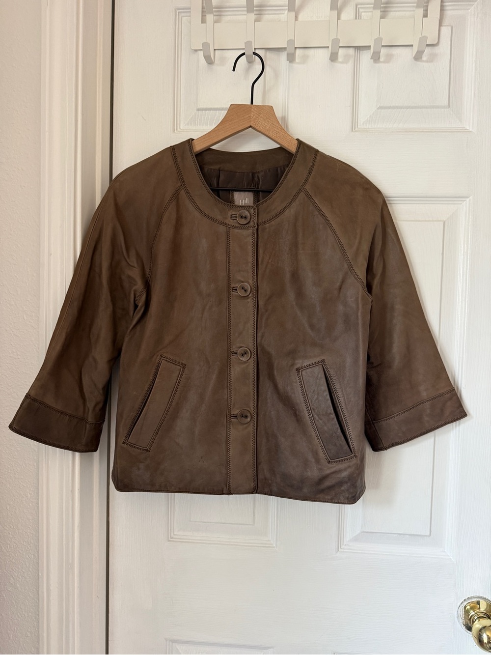 J. Jill Brown Genuine Leather Collarless Jacket Cropped 3/4 Sleeve Boxy Lined XS